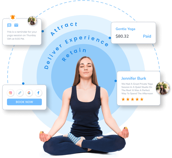 A yoga business owner handling the services offered, bookings via social media, reviews, etc. using a yoga booking software